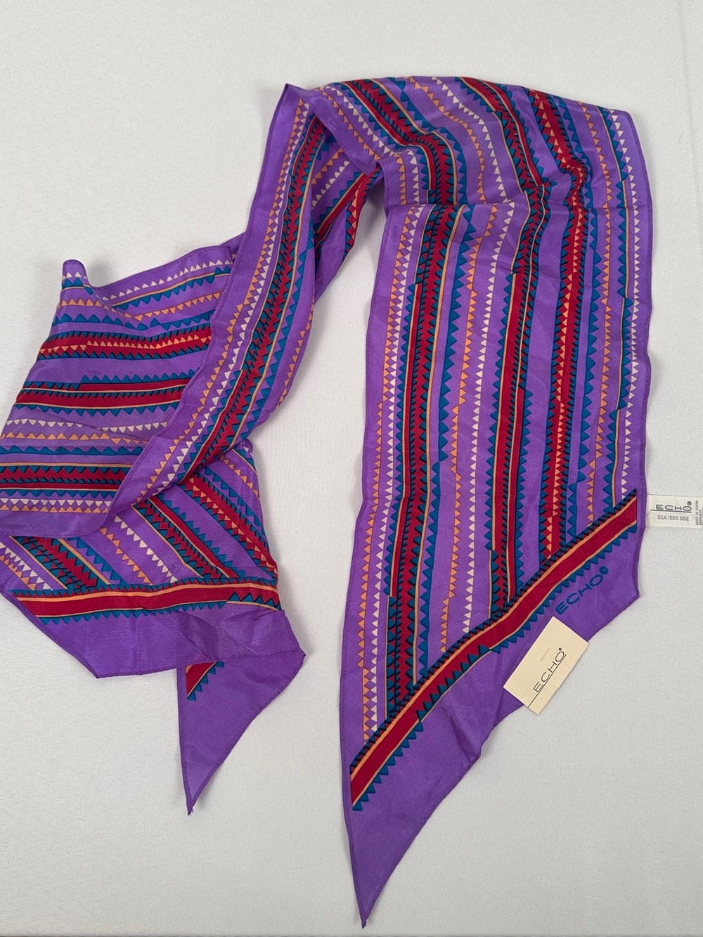 NWT Vintage Echo 100% Silk Japan Purple Striped Geometric Silk Scarf